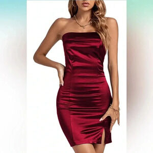 Satin Skily Split Slit Strapless Wrap Tube Sleeveless Bodycon Mini Dress, NEW